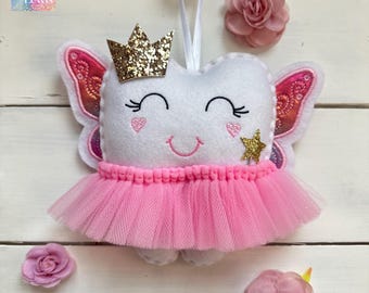 Personalized Tooth Fairy Pillow with Fairy Wings, Tutu, Wand and Crown, New Shape - girls tooth - boys tooth