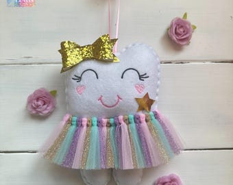 Personalized Tooth Fairy Pillow with tutu and new HEART Cheeks, glitter bow - girls tooth - boys tooth