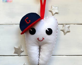 Personalized Boys Tooth Fairy Pillow, with monogrammed baseball cap and money pocket, ideal gift boy or girl