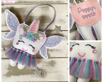 Children's Girls Personalized unicorn Tooth Fairy Pillow with Wings and money pocket, great gift idea