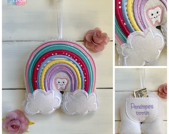 Personalized, Tooth Fairy Pillow, Appliqué, Rainbow, pearl glitter clouds, tooth money, great gift idea