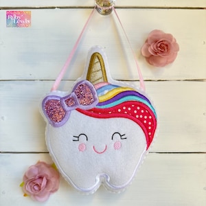 Personalized, Rainbow, Unicorn Tooth Fairy Pillow, glitter bow, personalized on the pocket, choose your colour ~ girl or boy