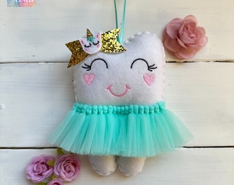 Personalized Tooth Fairy Pillow with Tutu, UNICORN Glitter Bow and Money Pocket, Great gift idea girls - boys