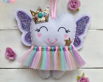 Personalized Tutu Tooth Fairy Pillow with HEART Cheeks, Butterfly Wings Glitter Crown and Wand ~ boys or girls