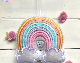 New! Personalized, Tooth Fairy Pillow, Appliqué, Pastel Rainbow, glitter clouds, great gift idea girl or boy