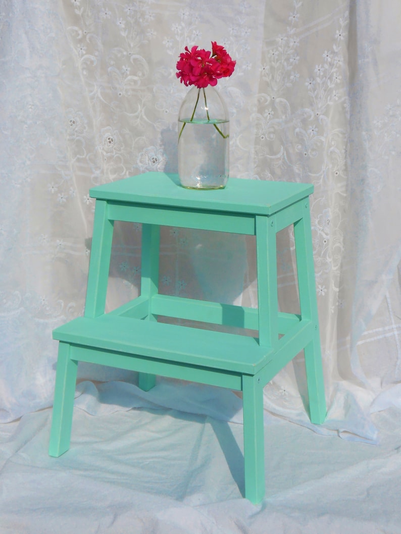 Mint Hand Painted Shabby Stepstool Step Ladder Accent Table
