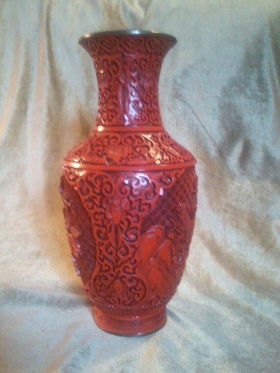 Antique 20th C Chinese Cinnabar Lacquer Brass 13 Vase Etsy