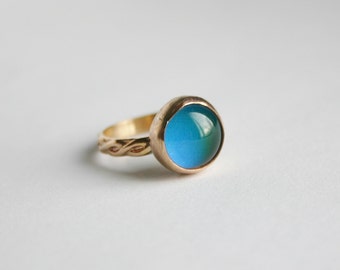 Mood Ring, 14/20 Kt Gold filled Smooth Bezel Glass Mood Ring, Gold Mood Ring, Gold Round Mood Ring