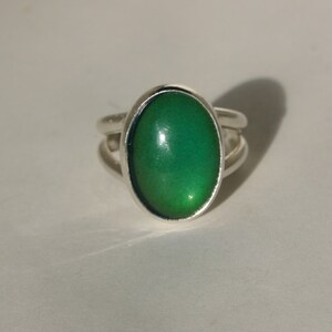 May include: A silver ring with a large, oval, green stone. The ring has a double band design. The stone has a glossy finish and appears to change color slightly depending on the light.