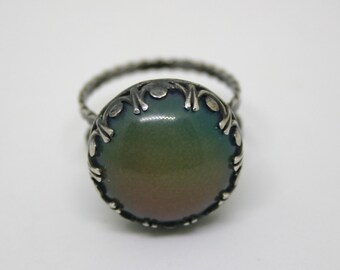 Mood Ring, Sterling Silver Glass Mood Ring, Mood Stone Ring, Mood Stone, Antiqued Mood Stone Ring, Mood Jewelry