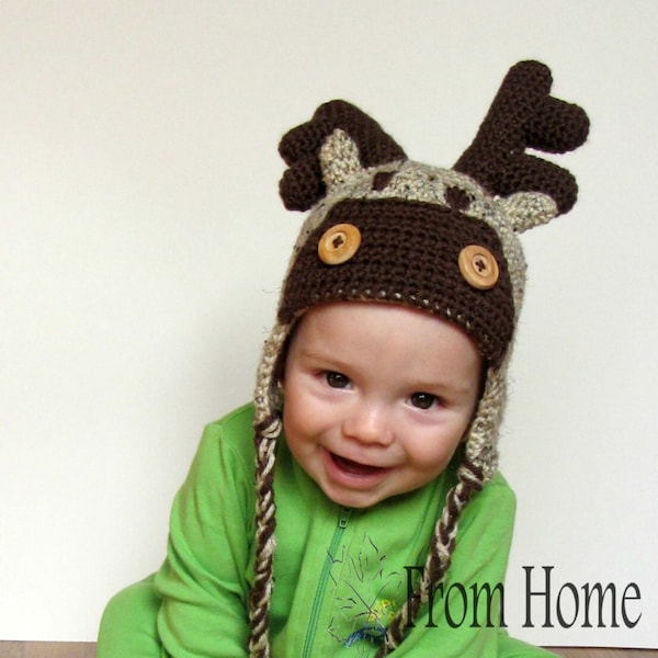 Moose Crochet Earflap Hat - Baby, Toddler, Child, Adult - Animal, Costume, Prop