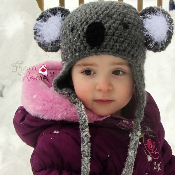 Koala Bear Earflap Hat (Made to Order in Sizes Newborn to Large Adult)