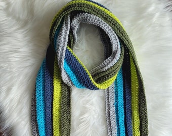 Child Scarf ~ Crochet Children Scarf ~ Handmade ~ Warm Winter Scarf ~ Neckwear for Kids ~ Blue, Green, Lime, Aqua, Grey ~ Tassels ~ Striped