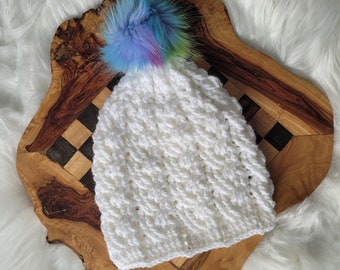 Kids Winter Hat - Child - White Beanie - Winter Hat with Faux Fur Pom - Gift for Preteen - Skiing - Sledding - Skating