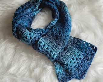 Handmade Blue-Grey Crochet Scarf | Boho Striping Tweed Yarn | Medium Length | Crocheted Gifts | Made In Canada | Gift For Her | Winter Fall