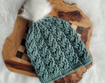 Warm Winter Hat | Adult Large | Light Teal | Winter Hat Faux Fur Pom | Gift for Her | Skiing Sledding Skating | Handmade | Made In Canada