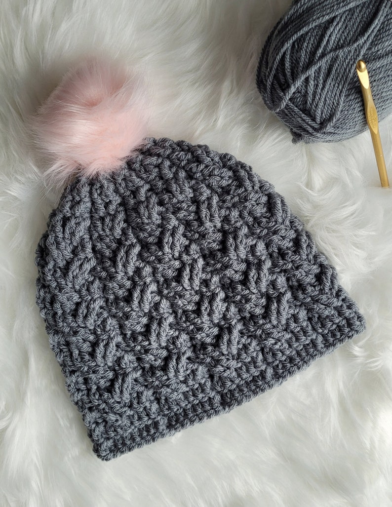 Warm Winter Hat Adult Large Grey Winter Hat with Faux Fur Pom Gift for Her Skiing Sledding Skating Handmade Made In Canada image 1