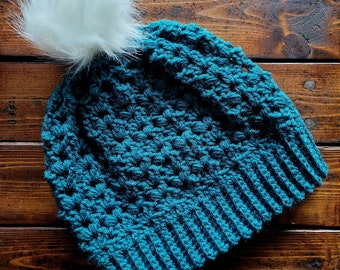 Small Adult Ready to Ship Crochet Teal Slouch Hat with Pom Pom