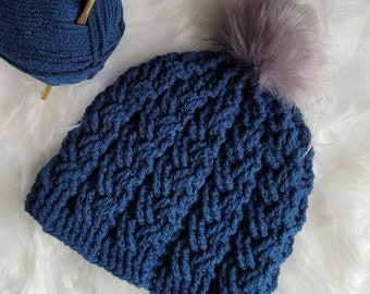 Warm Winter Hat | Adult Large | Blue | Winter Hat with Faux Fur Pom | Gift for Her | Skiing Sledding Skating | Handmade | Made In Canada