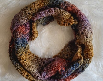 Handmade Colourful Crochet Scarf | Boho Striping Tweed Yarn | Medium Length | Handmade | Made In Canada | Gift For Her | Winter Fall | Gifts