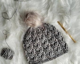 Warm Winter Hat | Adult Small | Grey Tweed | Winter Hat Faux Fur Pom | Gift for Her | Skiing Sledding Skating | Handmade | Made In Canada