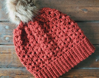 Small Adult Ready to Ship Crochet Burnt Red Orange Slouch Hat with Pom Pom