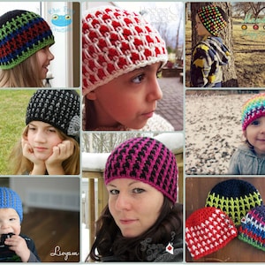 May include: A collage of nine images showcasing various crochet hats in different colors and patterns. The hats are made with different yarn textures and feature unique designs, including stripes, geometric patterns, and color gradients.