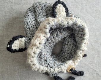 Handmade Wolf Hooded Cowl- Hooded Scarf - Wool - 12/18 Months Size - Gift