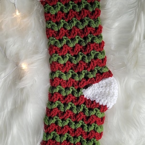 Handmade Crochet Christmas Stocking: Green, Claret & White Acrylic Yarn