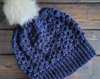Small Adult Ready to Ship Crochet Navy Blue Slouch Hat with Cream Pom Pom