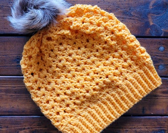 Small Adult Ready to Ship Crochet Yellow Slouch Hat with Multi Brown Pom Pom