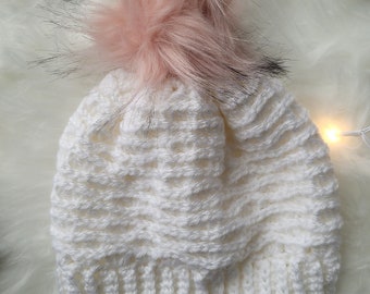 Child Winter Hat - Teen Winter Hat - Crochet Hat for Girls - Fall Beanie - White with Dusty Pink Faux Fur Pom - Girl Gift Idea