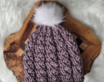 Warm Winter Hat | Adult Ex-Large | Mauve | Winter Hat with Faux Fur Pom | Gift for Her | Skiing Sledding Skating | Handmade | Made In Canada