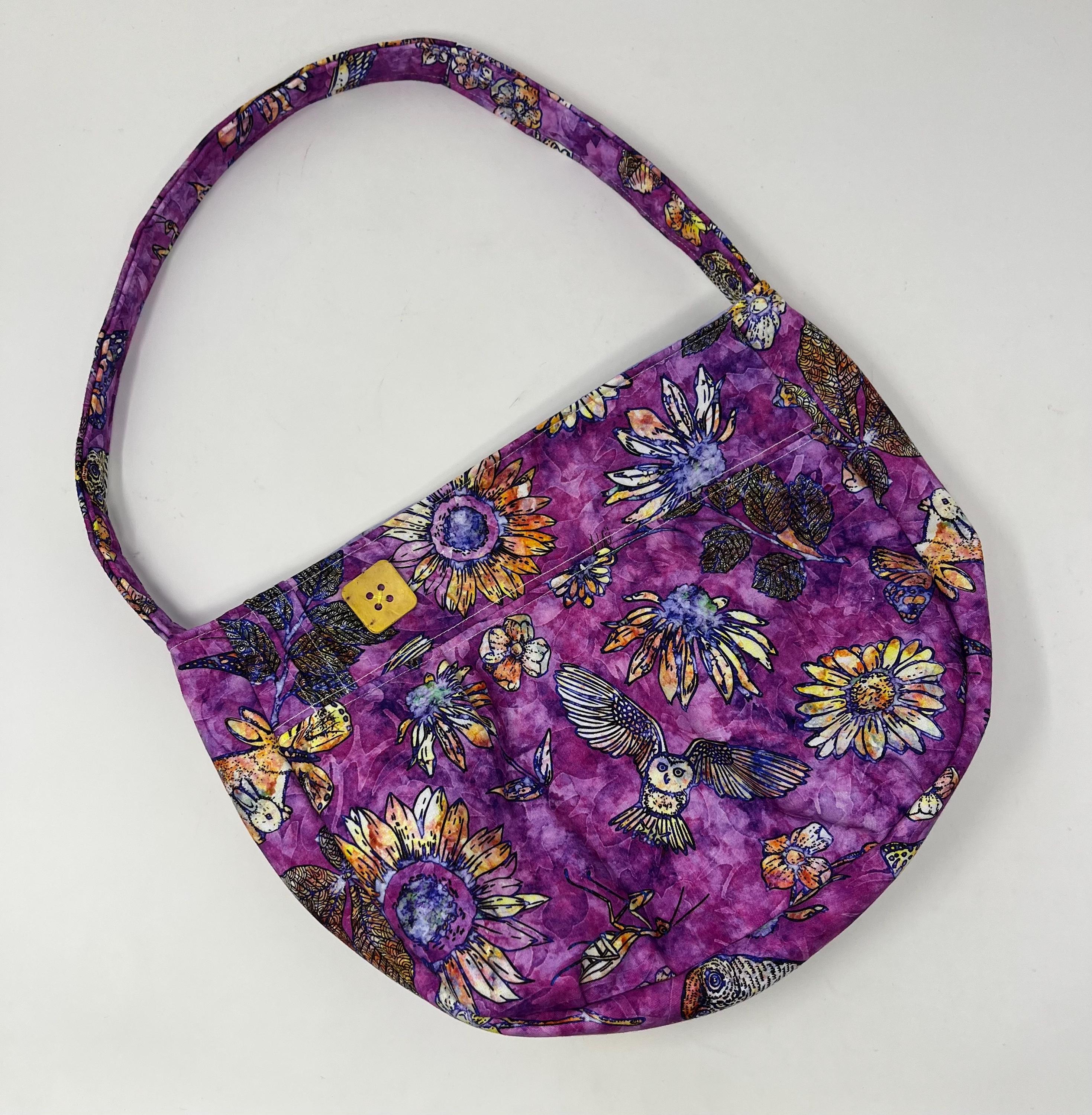 Handmade Owl Cotton Handbag, Purple Floral Print