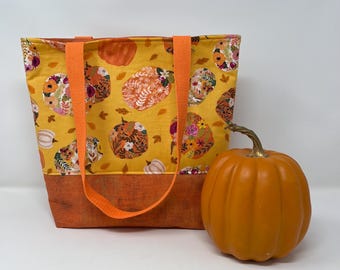 Handmade Pumpkin Cotton Tote Bag with Woven Straps