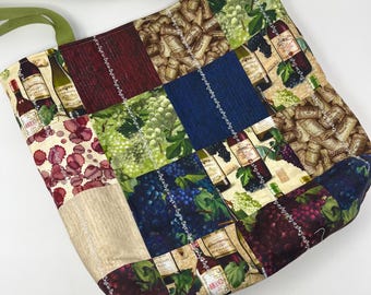 Quilted Market Tote Bag, Wine Print Cotton, Woven Straps