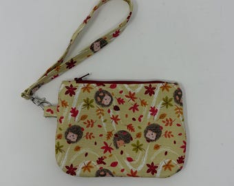Handmade Hedgehog Print Clutch with Zipper, Removable Wrist Strap