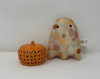 Fleece Ghost Plushie, Autumn Leaves Fabric, Hand Stitched Details