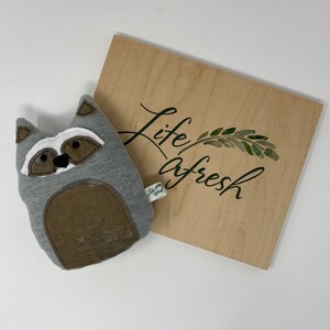 May include: A gray and brown raccoon plush toy with black eyes and a white nose. The toy is sitting on a wooden surface with the text "life afresh" and a green leaf design.