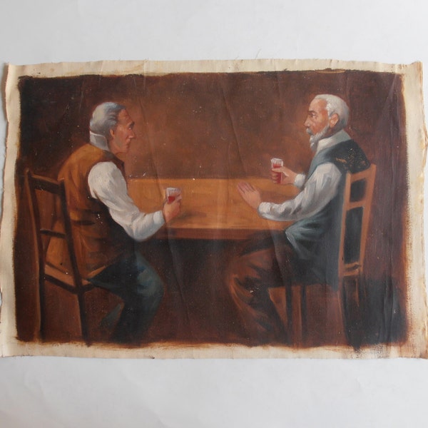 peinture à l'huile originale vintage, deux hommes buvant du vin