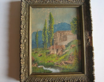antique original water colour painting, old Greek mansion