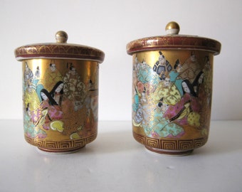 antique main peint paire Meiji période Kutani lidded tasses de thé de cérémonie de mariage Japon