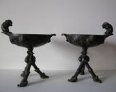 antique Japanese pair of bronze compotes, tazza or ikebana with squirrels, Meiji period