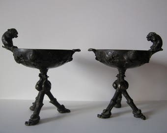 antique Japanese pair of bronze compotes, tazza or ikebana with squirrels, Meiji period