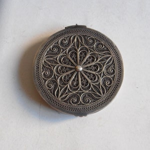 antique sterling silver filigree powder box, compact, beveled glass mirror