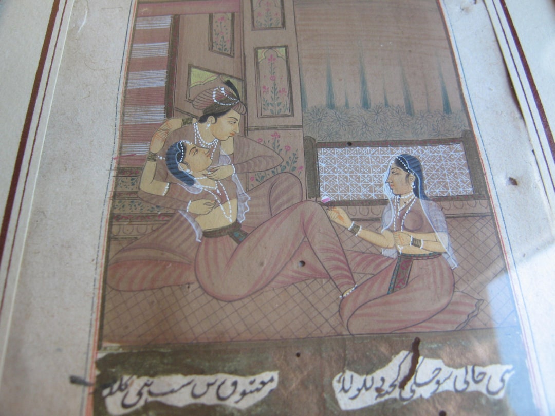 アンティークなインドのエロティックなオリジナル水彩画、カーマ