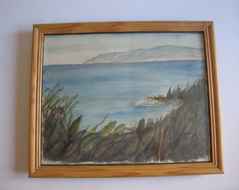 vintage original watercolor painting, seascape signed Liakos