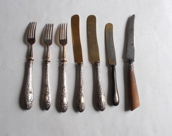 vintage 800 mango de plata desierto, fruta que sirve cubiertos 3 tenedores y 3 cuchillos más 1 cuchillo Gaujard Orleans