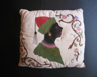 antique embroidery pillow case, woman in traditional costume