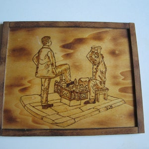 vintage pyrography on wood, peripatetic shoeblack, signed